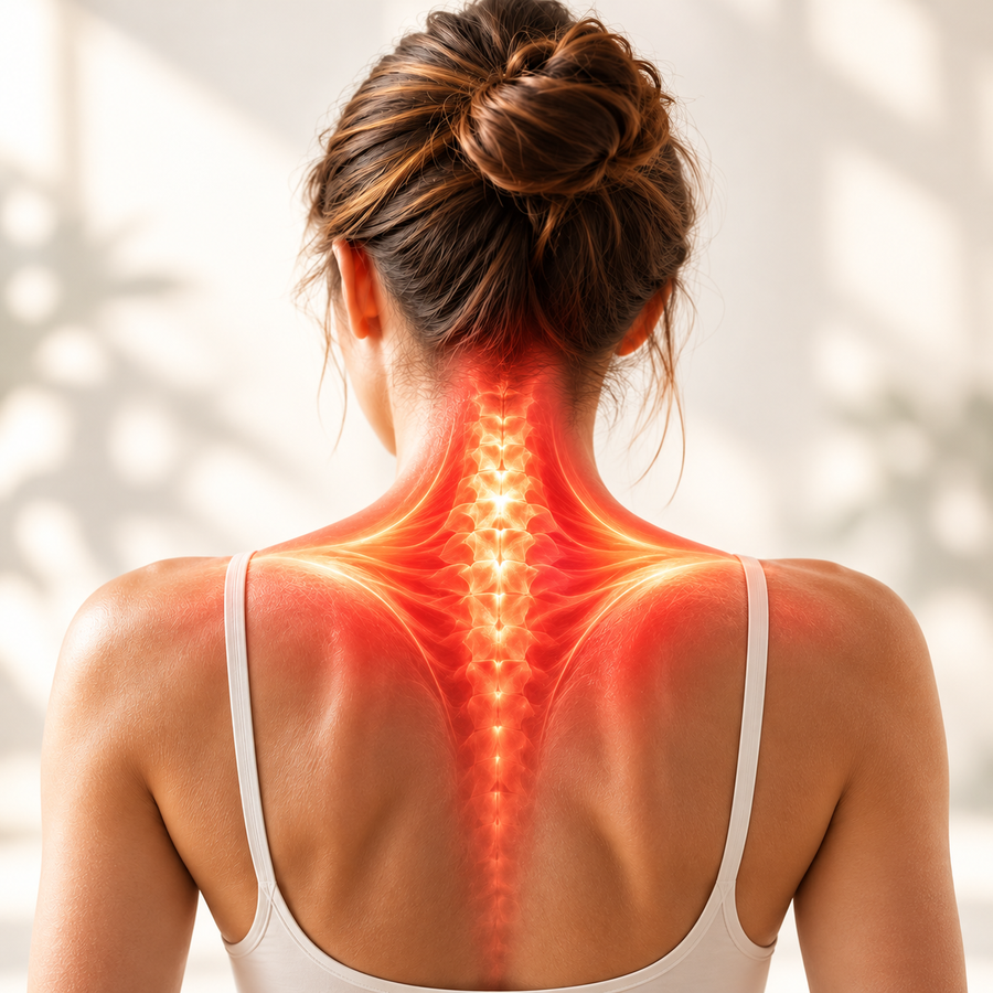 Woman holding the back of her neck